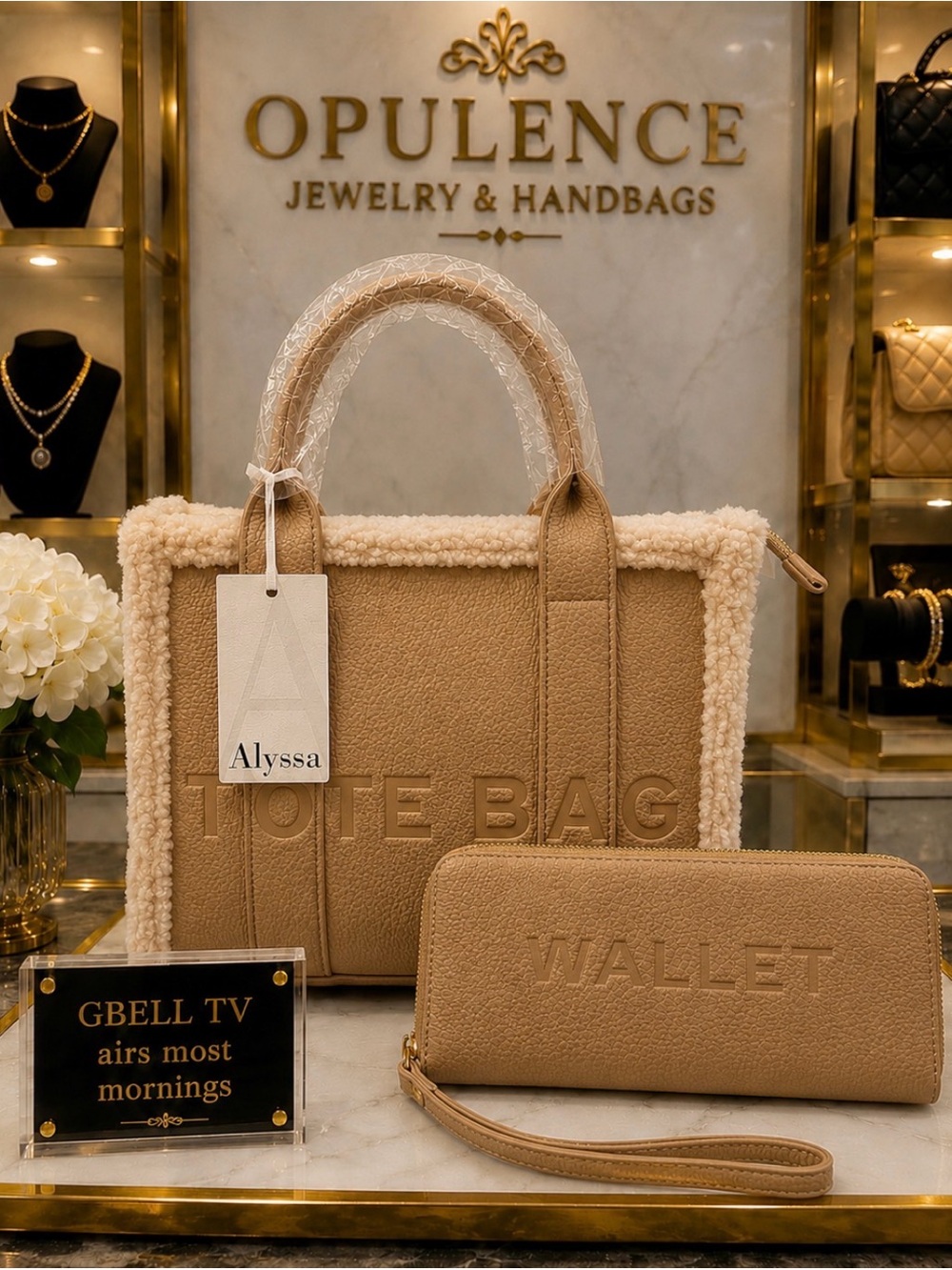 Beige Shearling Trim Tote Bag with Matching Wallet